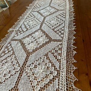 Vintage lace table runner. 74”x20”. Delicate lace in cotton.